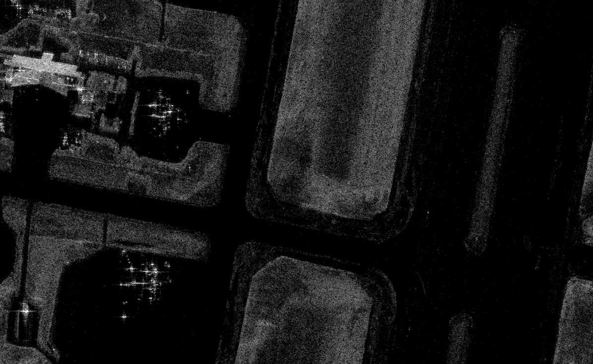 SAR image of Elmendorf at 2 looks; reduced speckle with clearer runways, taxiways, and building outlines.