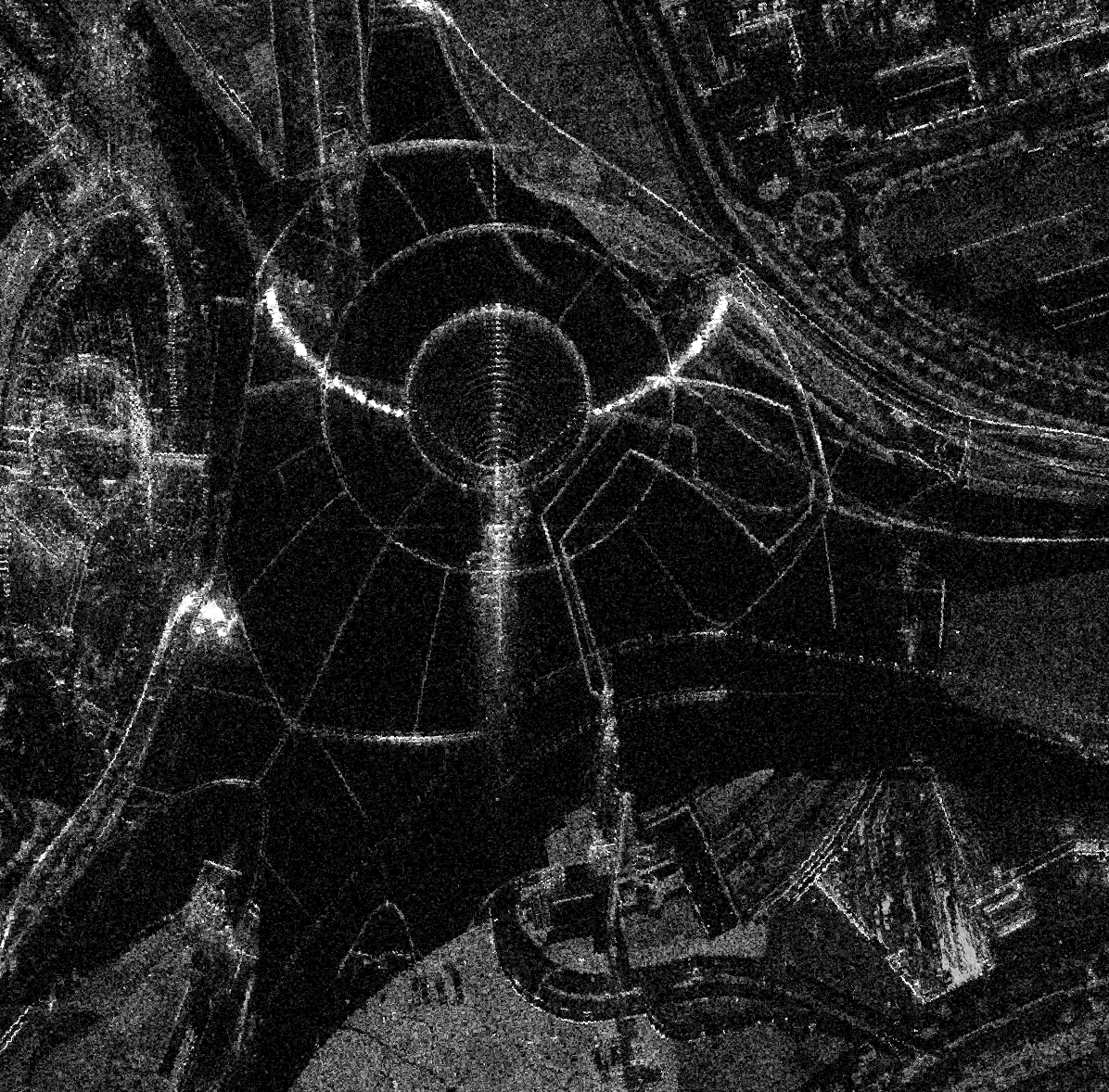 SAR image of Ferrari World, Abu Dhabi at 1-look showing overall park outline with lower clarity.