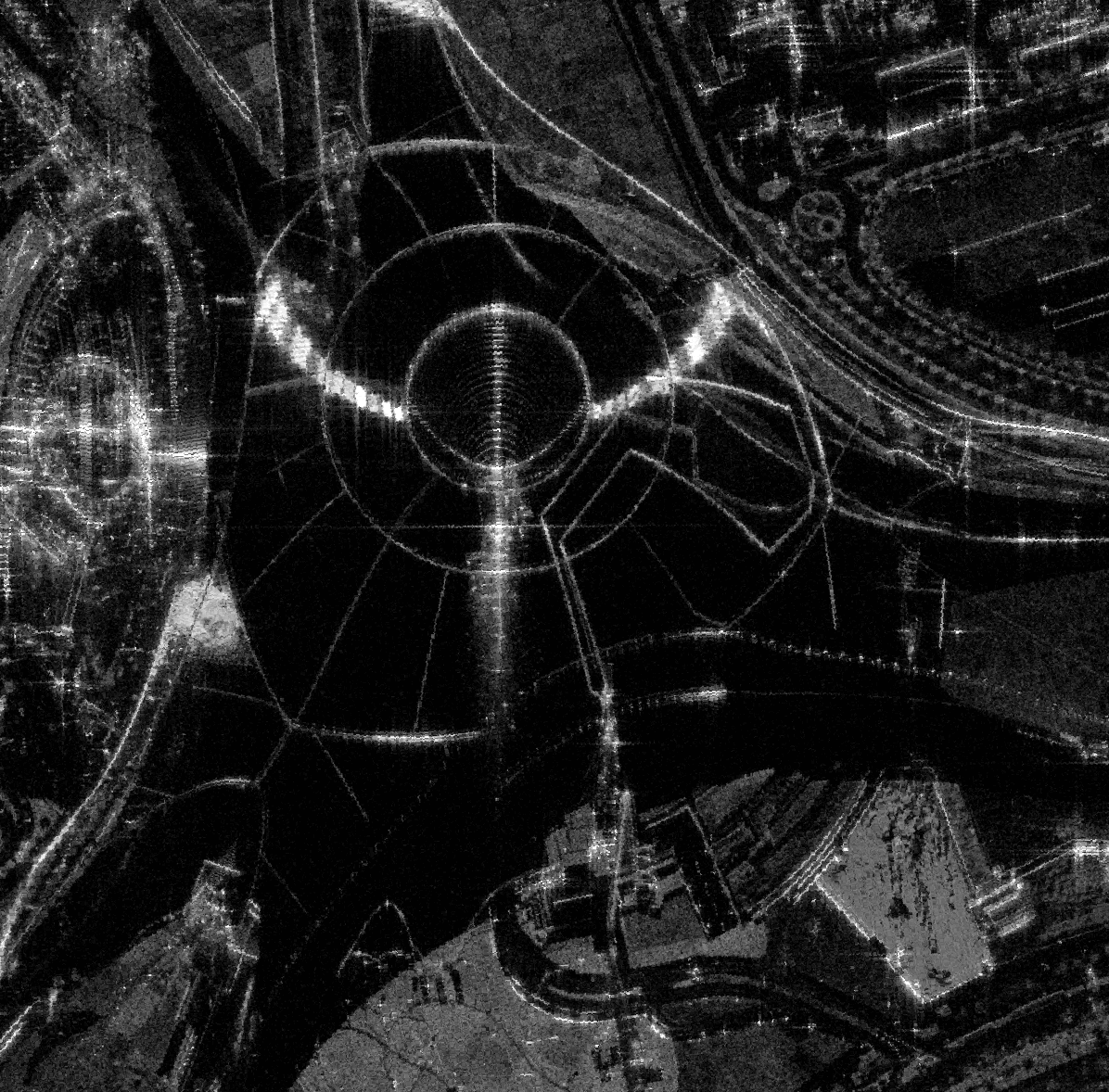 SAR image of Ferrari World at 2-looks with reduced speckle and clearer roof and track features.