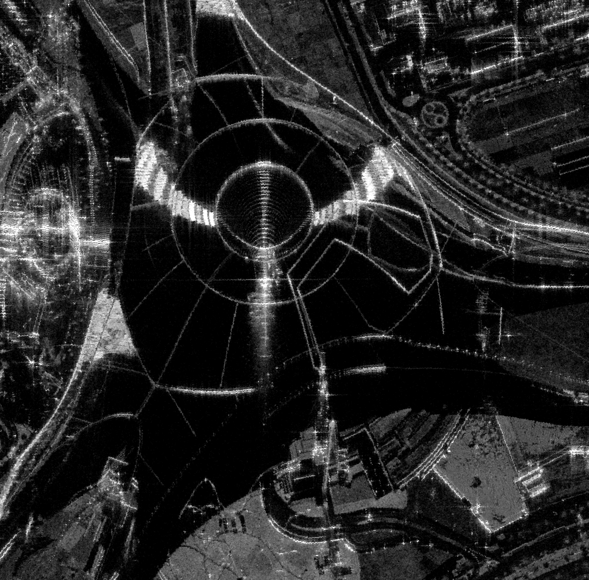 SAR image of Ferrari World at 4-looks showing smoother surfaces and finer structure detail.