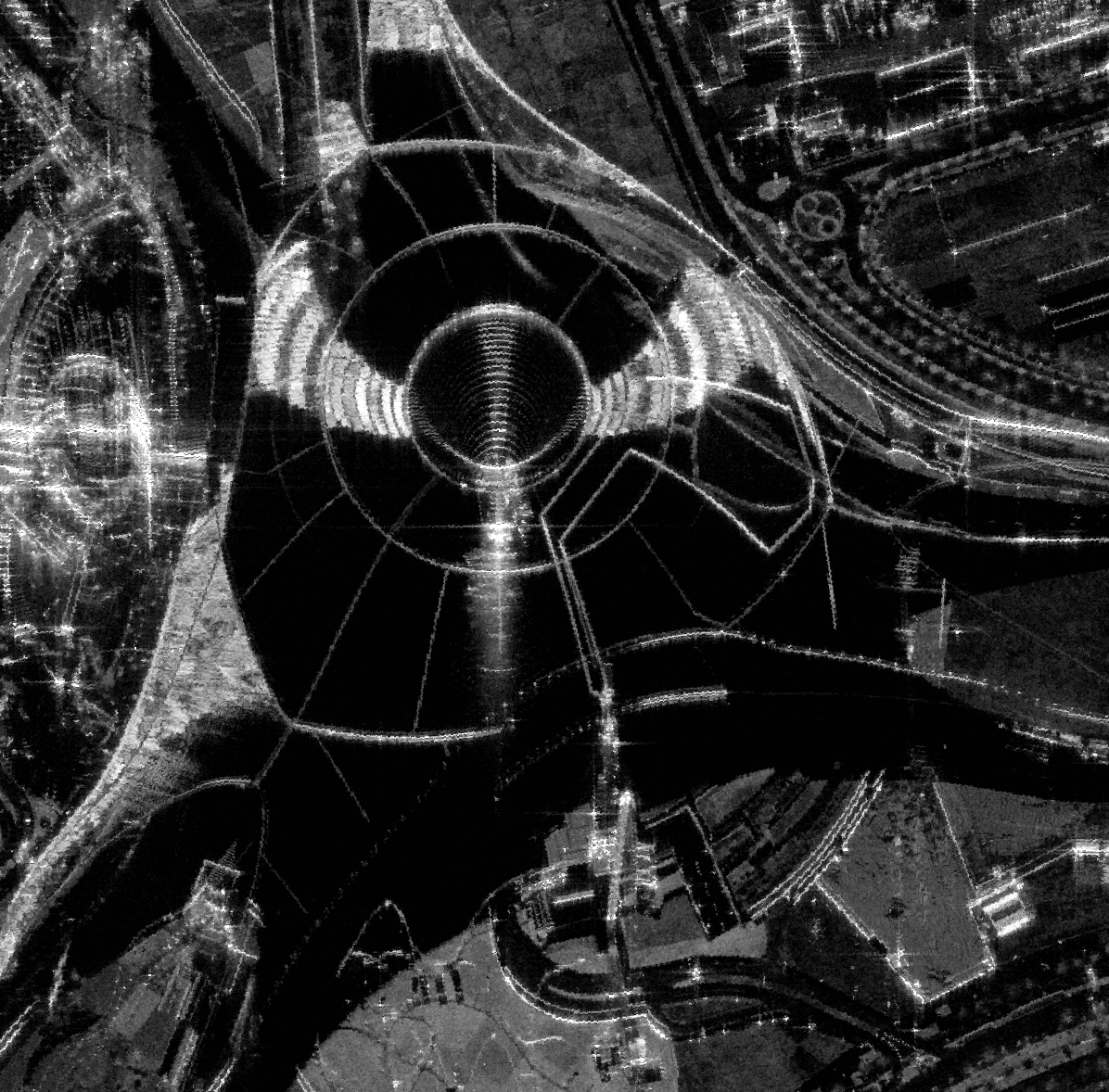 SAR image of Ferrari World at 8-looks with lowest speckle and highest clarity of buildings and tracks.
