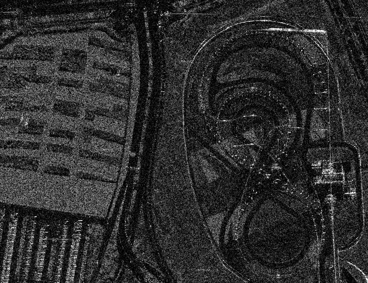 Zoomed SAR view of Ferrari World at 1-look focusing on central roof area with coarse texture.