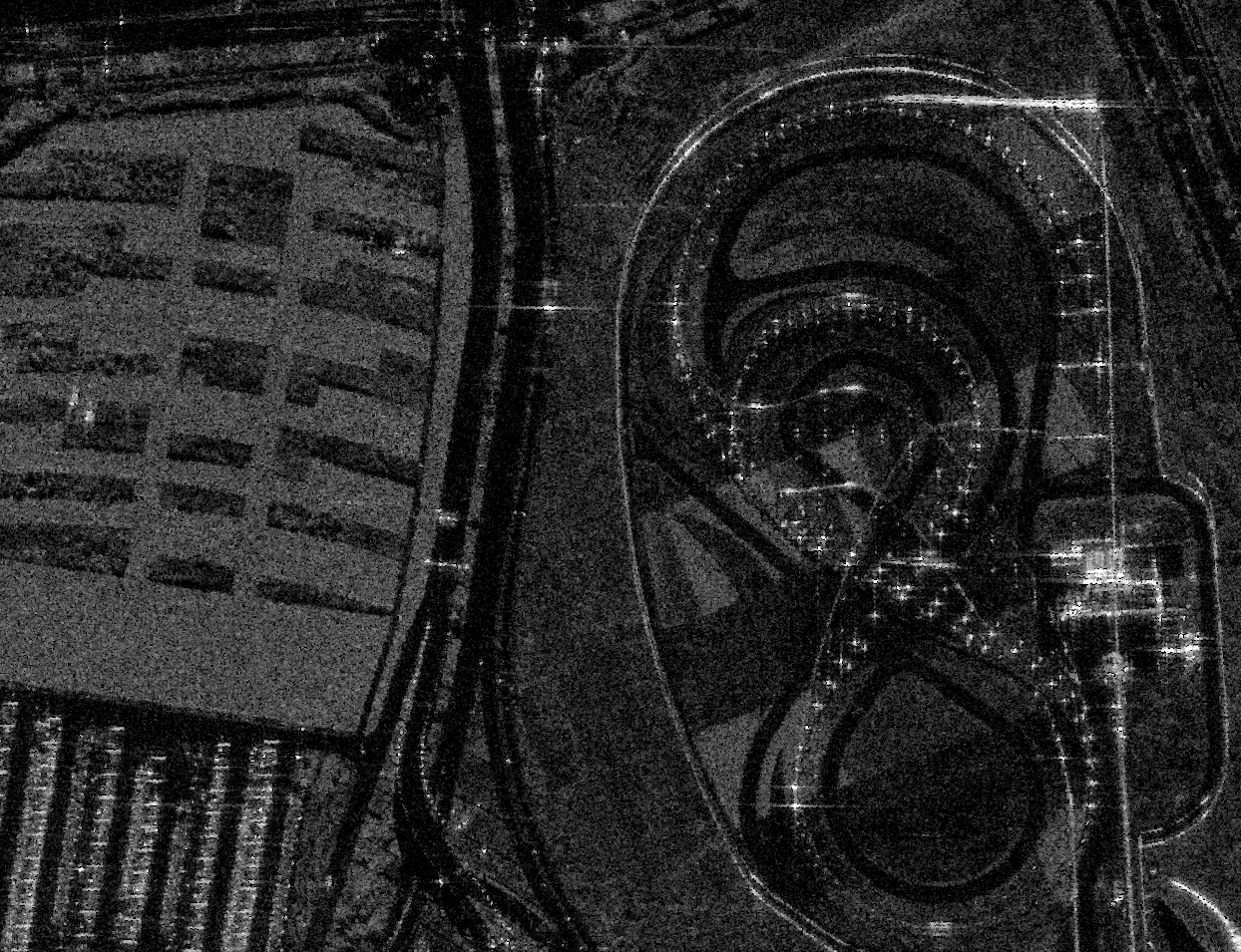 Zoomed SAR view of Ferrari World at 2-looks with improved contrast and reduced speckle.