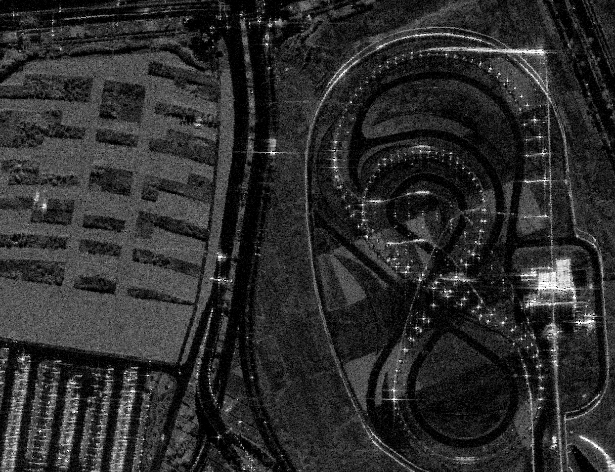 Zoomed SAR view of Ferrari World at 4-looks showing smoother tones and clearer edges.